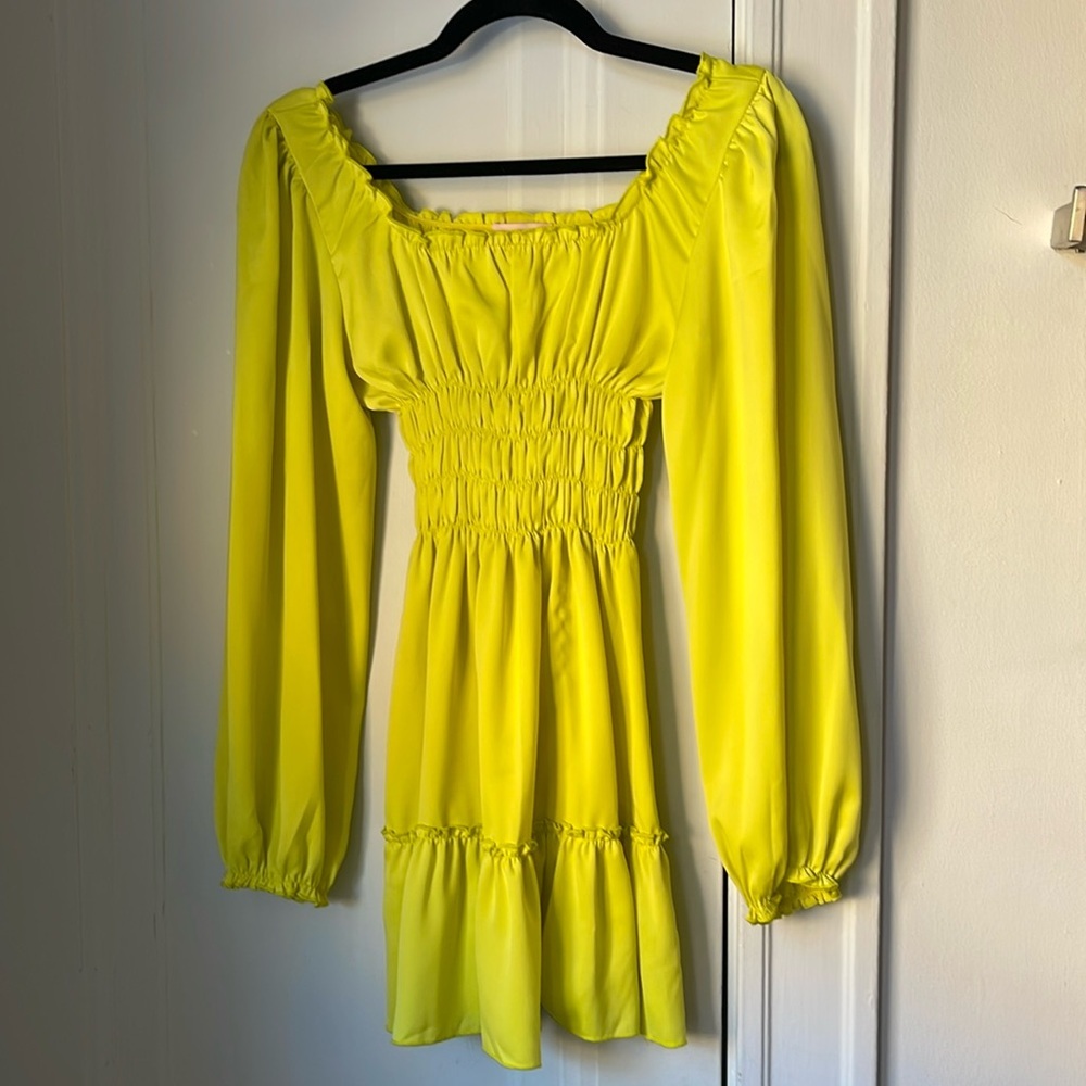 Lisa Says Gah XS Agatha Smocked Dress Long Sleeve Cocktail Chartreuse